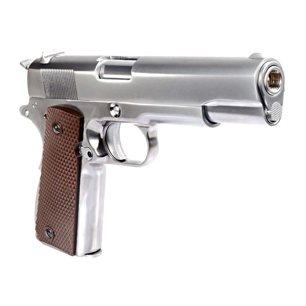 Пистолет газовый WE Colt 1911, хром/коричн.накладки