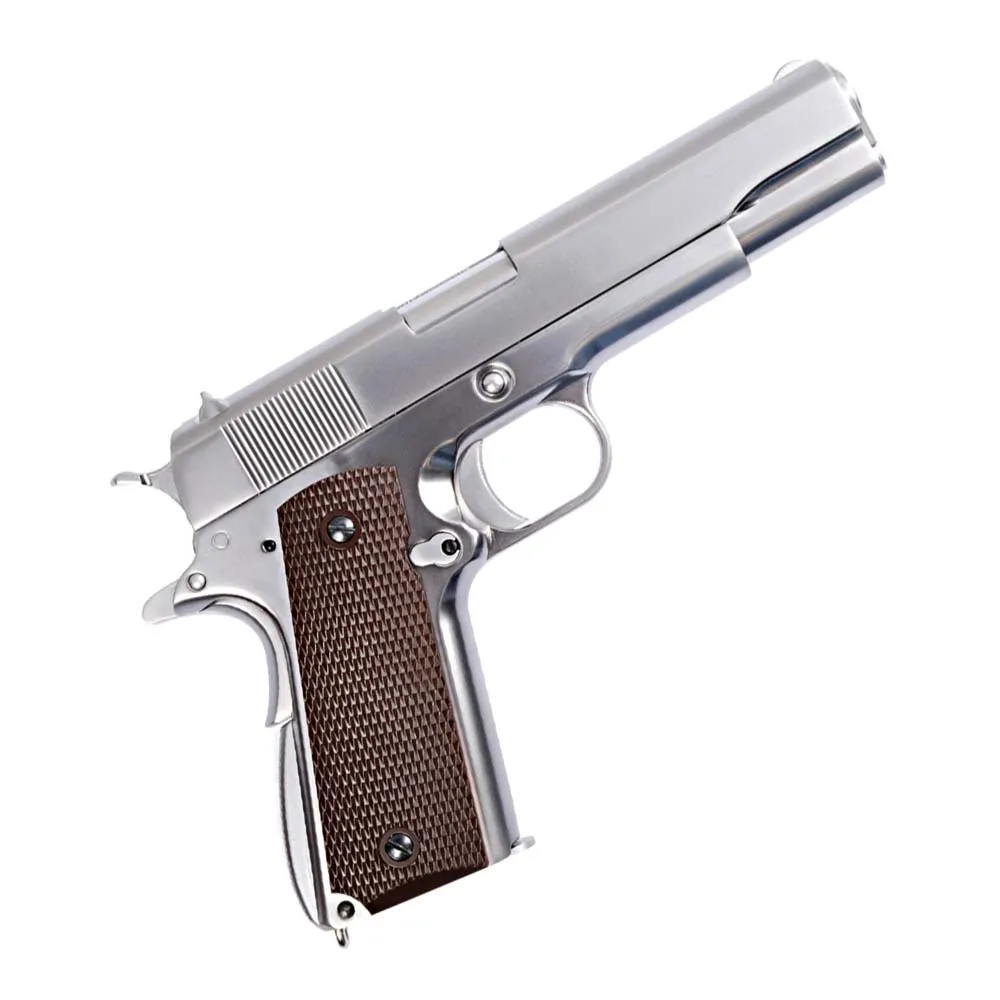 Пистолет газовый WE Colt 1911, хром/коричн.накладки